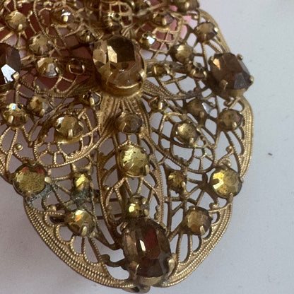 Vintage Filigree Crystal Art Nouveau Brooch with Safety Clasp C-Clasp