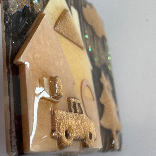 Vintage House Pins by Lucinda Sparkle Snow Truck Evergreen Trees Brooch Pin