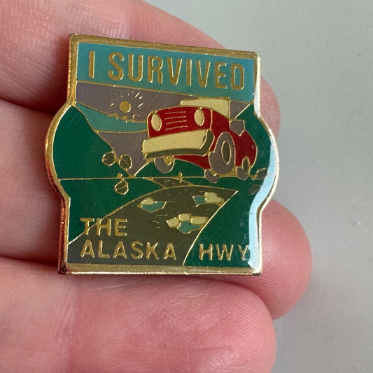 I Survived the Alaska Highway Enamel Pin Red Jeep Scenic Road 
