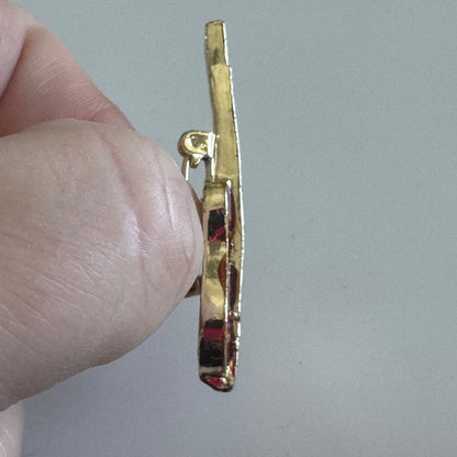 Vintage Gold Tone Enamel Wash Brown Guitar Brooch Pin Ukelele