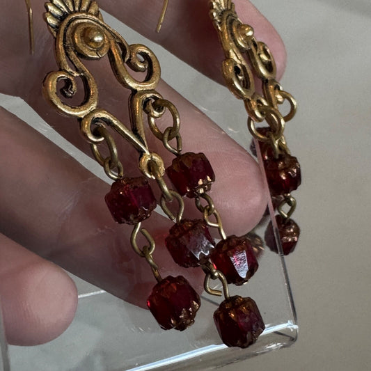 Art Nouveau Chandelier Earrings Red Crystal Earrings Antique Gold 