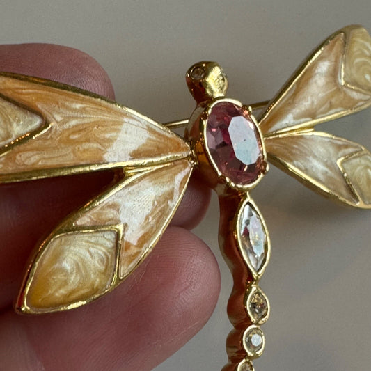 Vintage KJL for Avon Dragonfly Brooch Crystal Enamel Gold Tone Pin