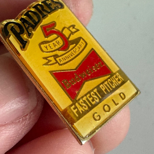 Padres 5 Year Anniversary Budweiser Fastest Pitcher Gold Pin