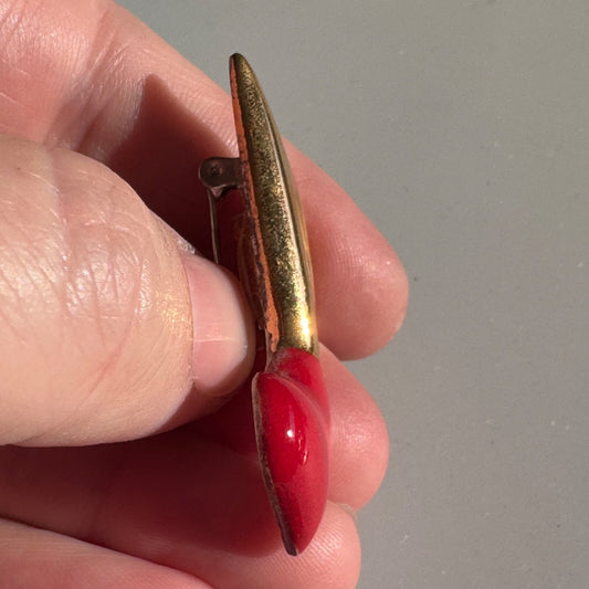 Vintage Gold Tone Red Heart Music Note Brooch Ceramic Brooch Pin