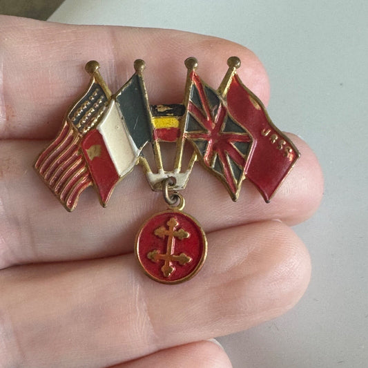 WWII French Liberation Allies Lapel Pin Flags US France USSR UK Belgium 