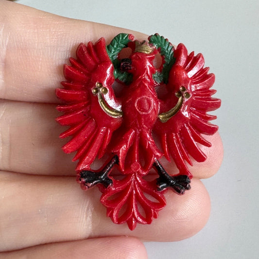 Vtg Austria Tyrol Coat of Arms Red Double-Headed Eagle Pin Celluloid Plastic?