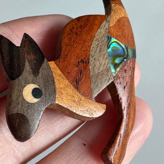 Handcrafted Wood Kangaroo Brooch Pin with Abalone Shell Inlay Australia Souvenir