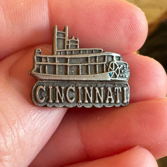 Vintage Pewter Cincinnati Ohio Riverboat Lapel Pin Paddle Boat Steamboat