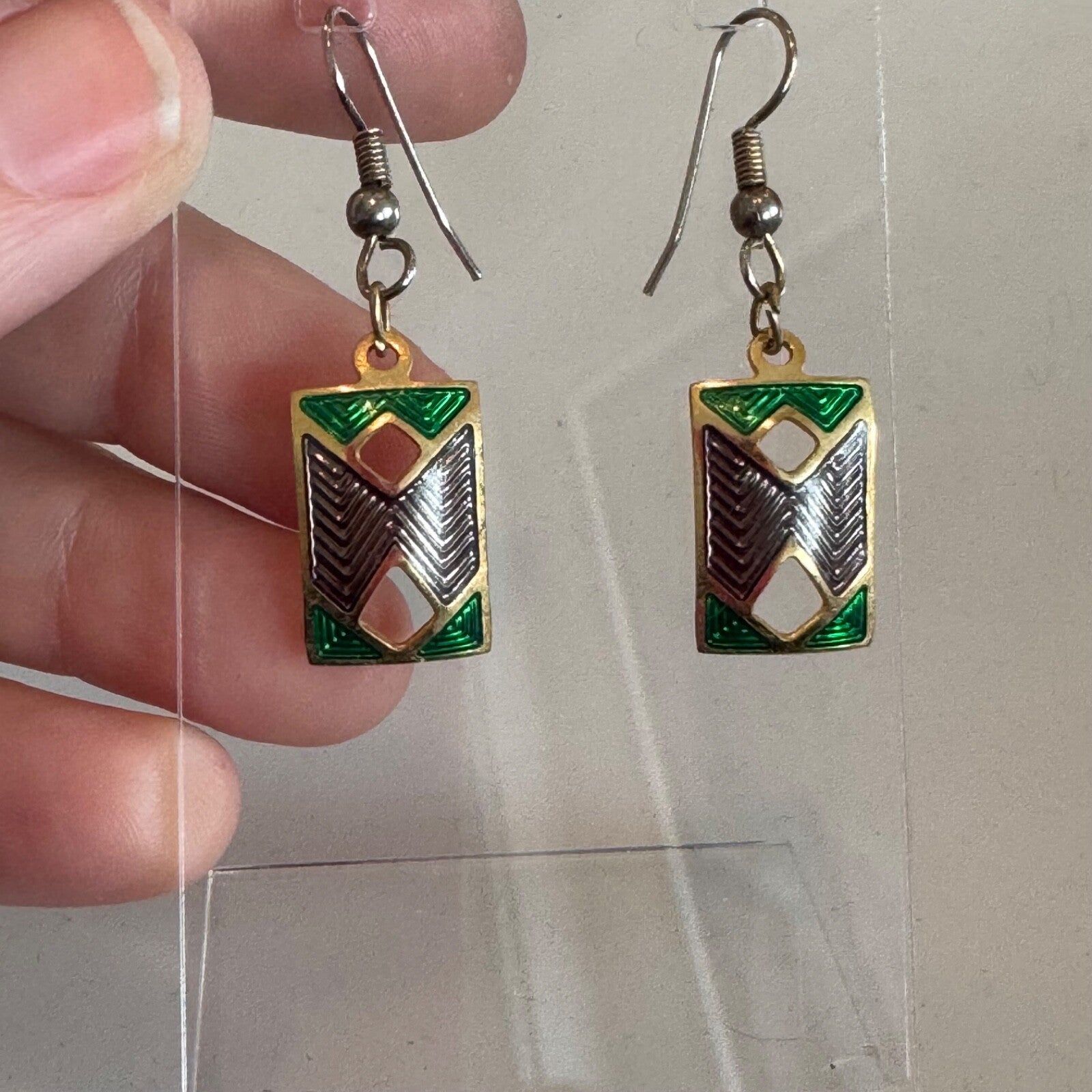 Vintage Geometric Dangle Pierced Earrings Cloisonne Look