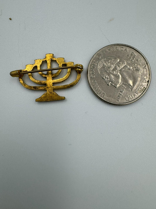 Vintage Gold Tone Menorah Pin Brooch Jewish Lapel Button