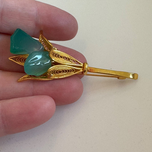 Vintage Japan Signed Filligree Jade Flower Brooch Cannetille Jade Tone Pin