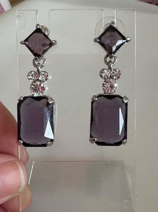 Purple Crystal Drop Statement Pierced Elegant Earrings