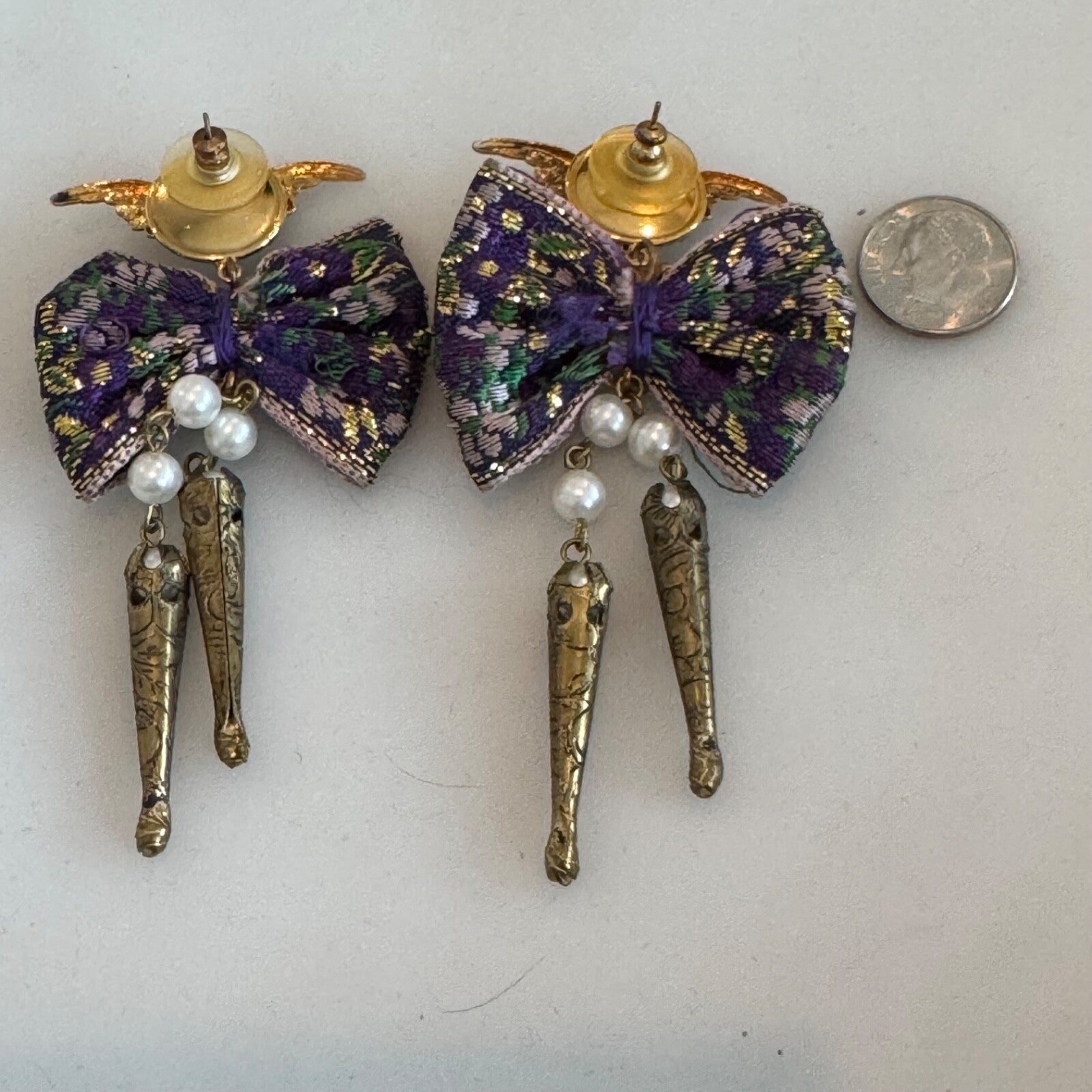 Vintage Fabric Bow Purple Clear Rhinestone Cherub Post Dangle Earrings 