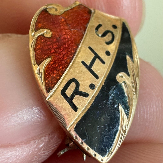 Vintage Roosevelt High School RHS School Shield Enamel Lapel Pin Red Black