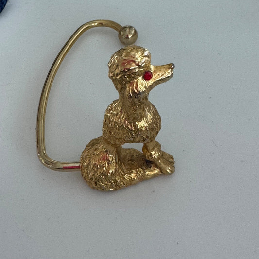 Vintage Gold Tone Poodle Jeweled Eyes Bag Hanger Holder Purse Hook