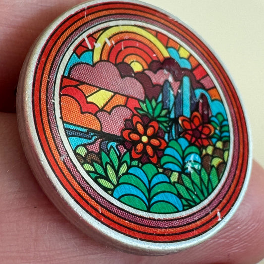 VINTAGE 70s Colorful Psychedelic Landscape Illustration Round Circle Pin