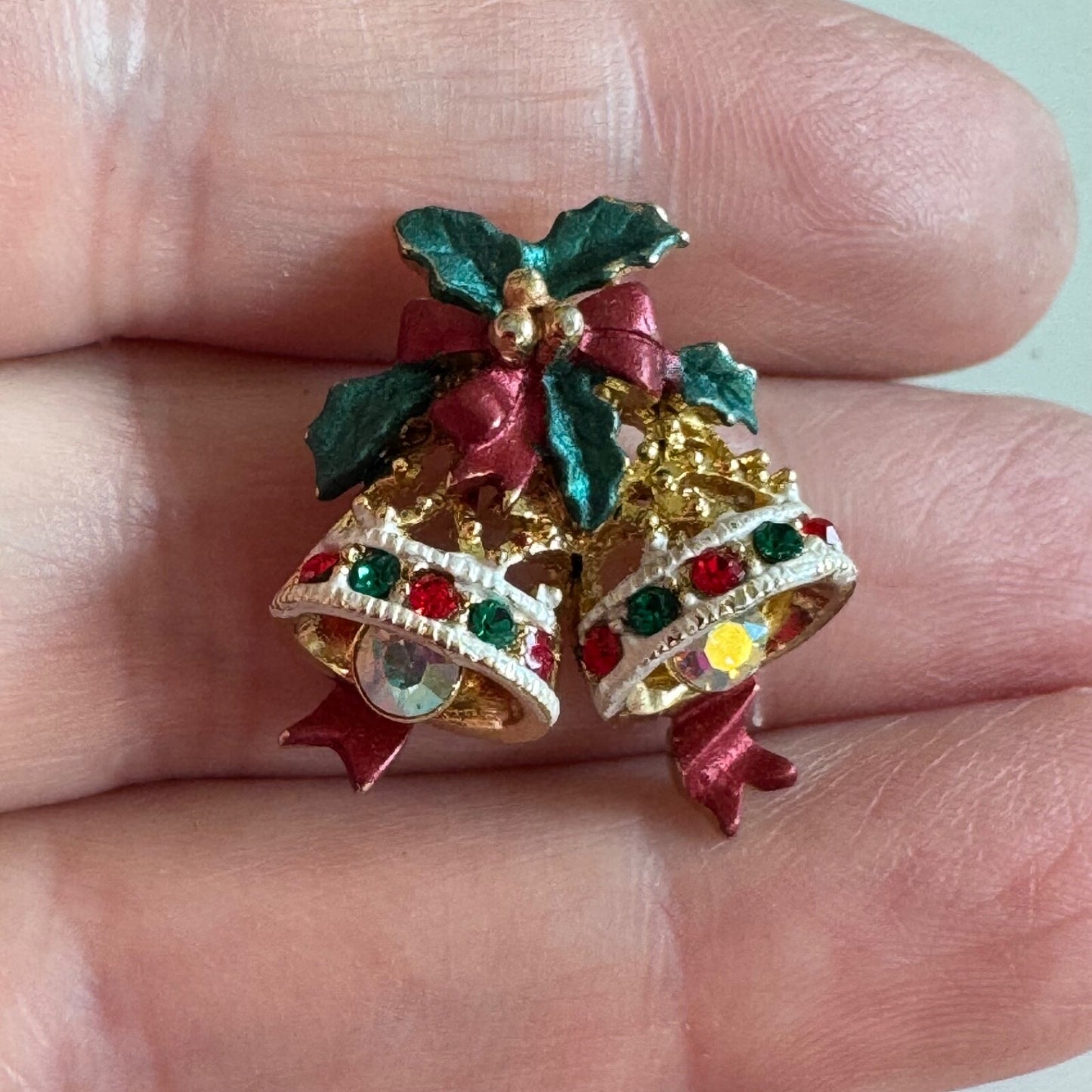 Vintage Christmas Bells Scatter Lapel Pin with Crystals Holly AB Rhinestone