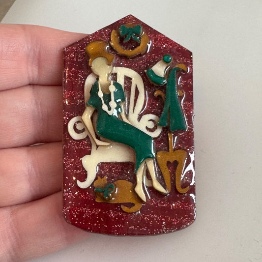 Vintage Designs by Lucinda Christmas Cat Lady Wreath Brooch Glitter Pin