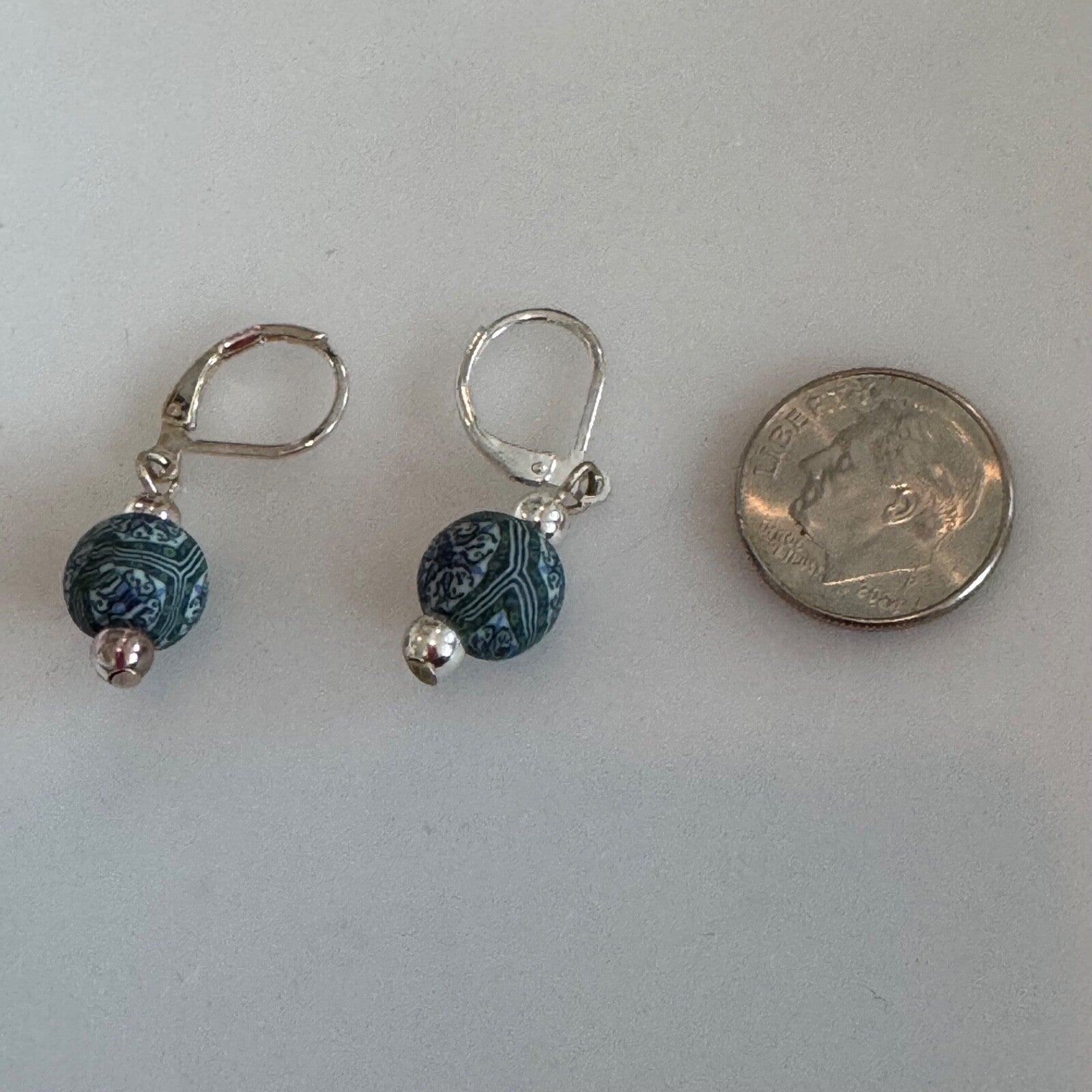 Polymer Clay Bead Dangle Earrings Blue Green Silver Tone