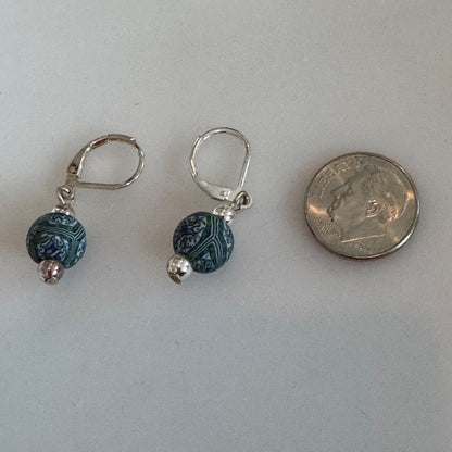 Polymer Clay Bead Dangle Earrings Blue Green Silver Tone