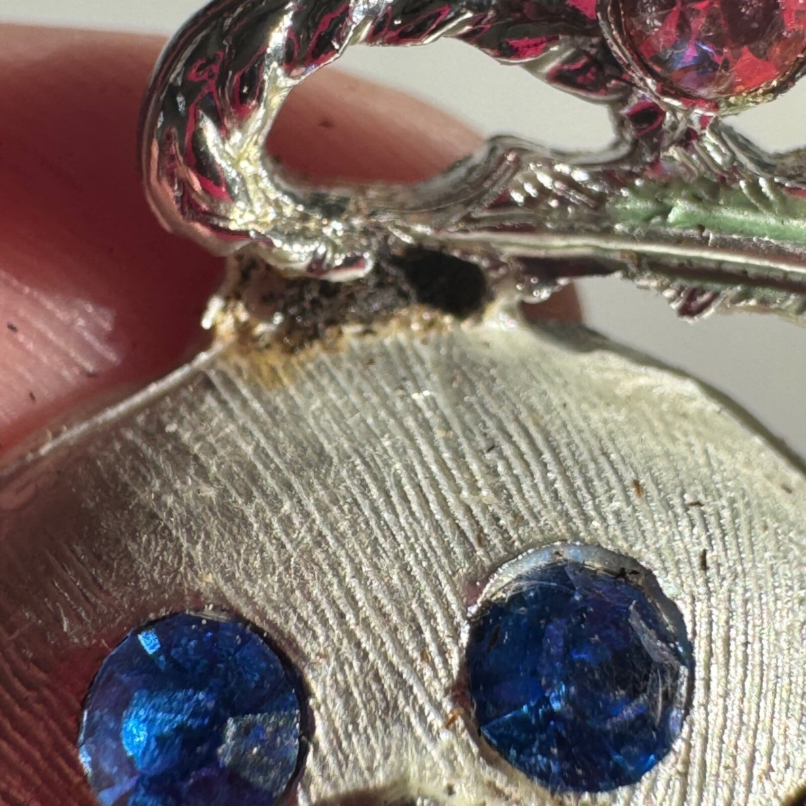Vintage Christmas Ornament Brooch Silver Tone with Blue and Pink Rhinestones Pin