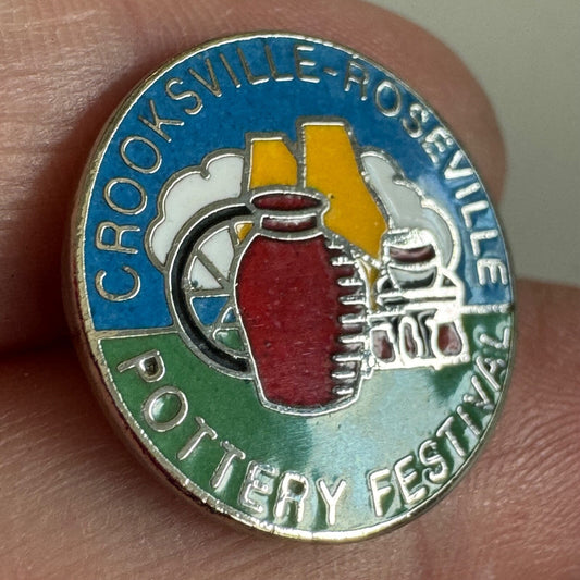 Vintage Crooksville Roseville Pottery Festival Lapel Pin Ohio Enamel RARE