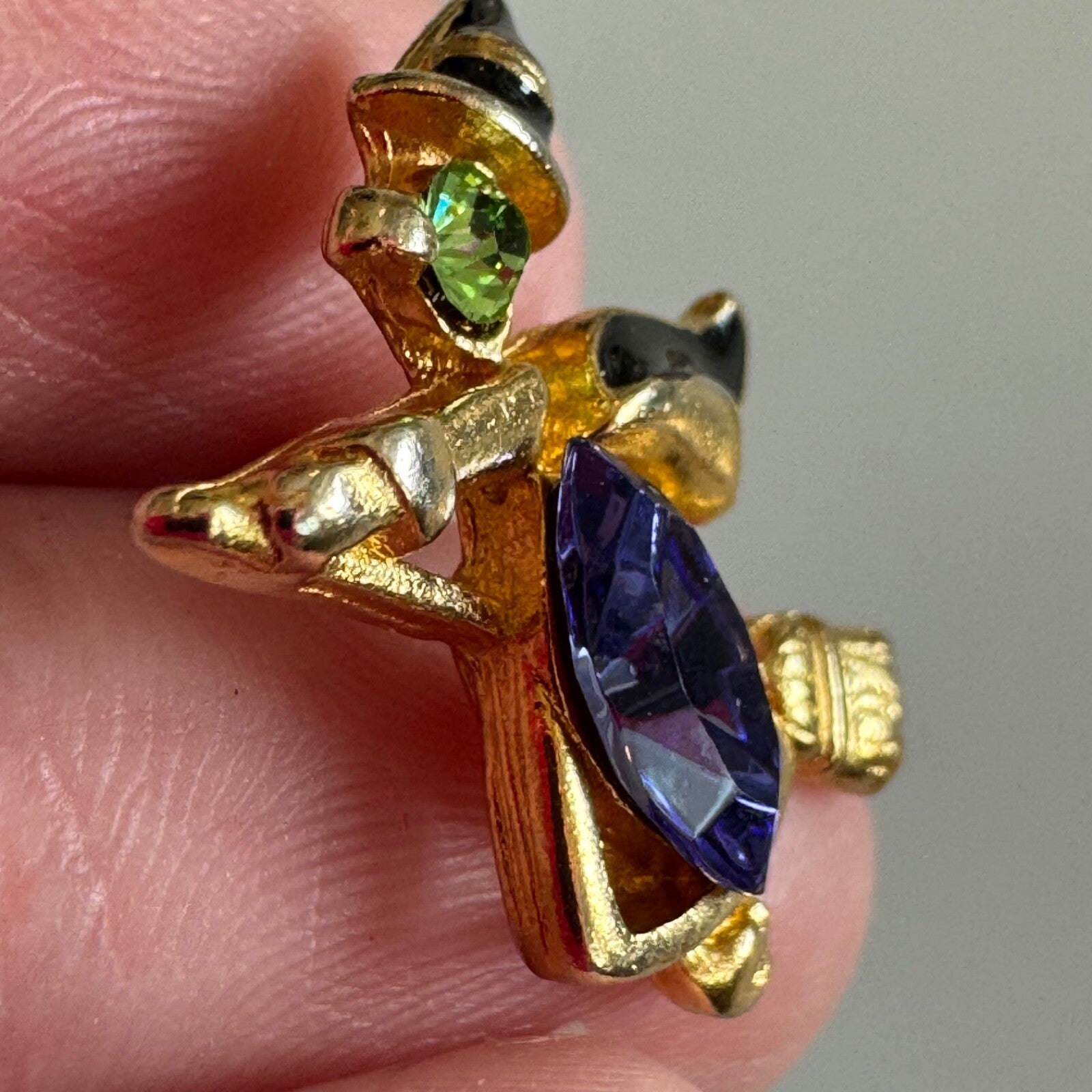 Vintage Halloween Witch on Broom with Hat Lapel Crystal Scatter Pin