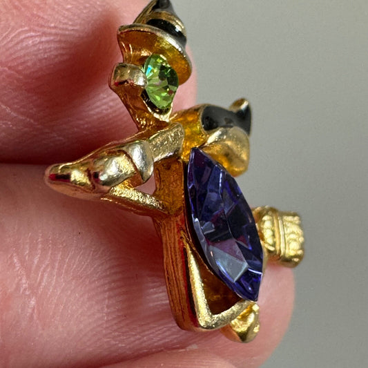 Vintage Halloween Witch on Broom with Hat Lapel Crystal Scatter Pin