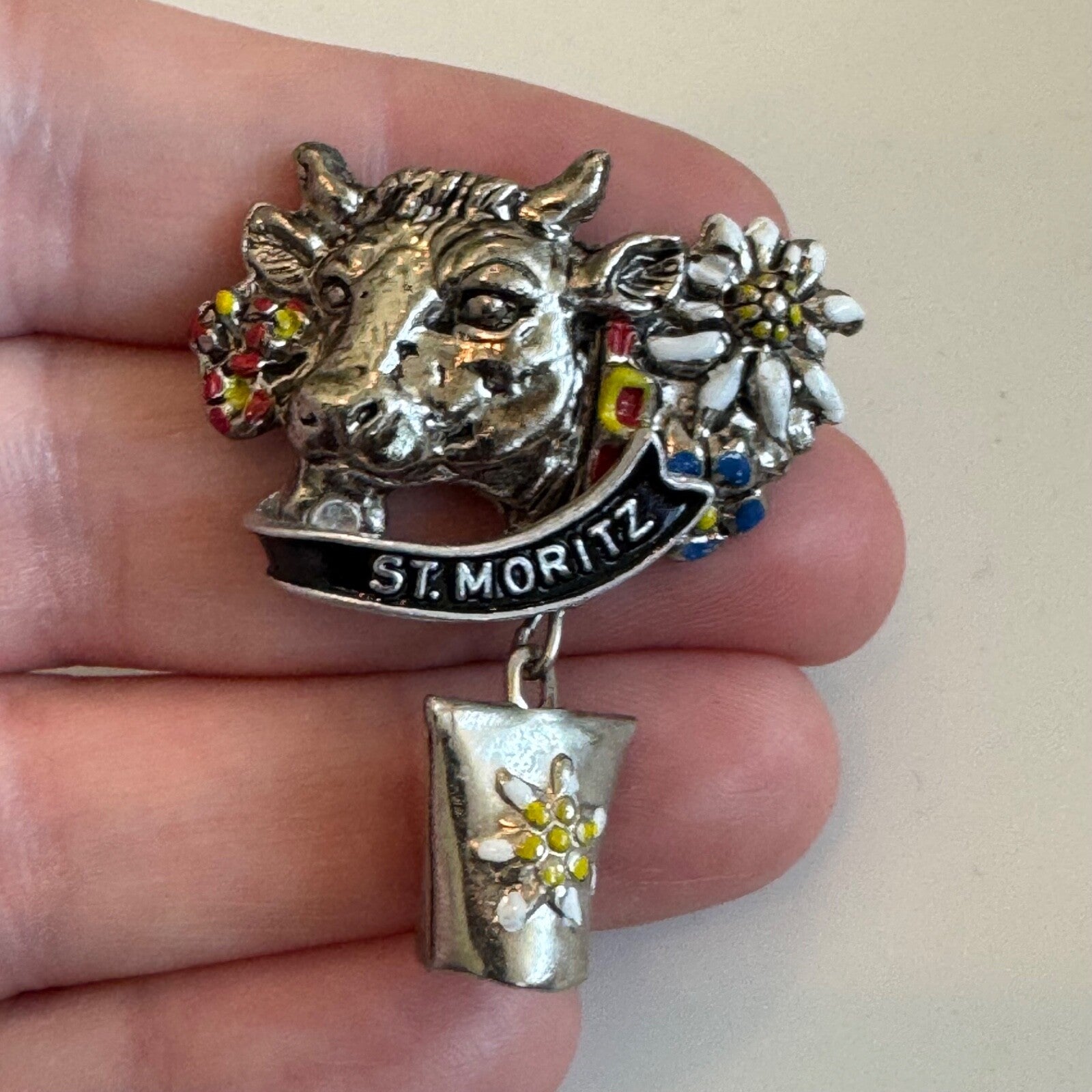 Vtg St. Mortiz Cow Cowbell Edelweiss Souvenir Tourist Dangle Lapel Pin