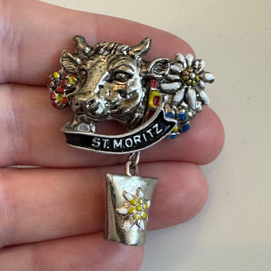 Vtg St. Mortiz Cow Cowbell Edelweiss Souvenir Tourist Dangle Lapel Pin