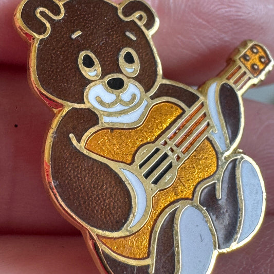 Vintage Guitar Playing Teddy Bear Enamel Lapel Pin 