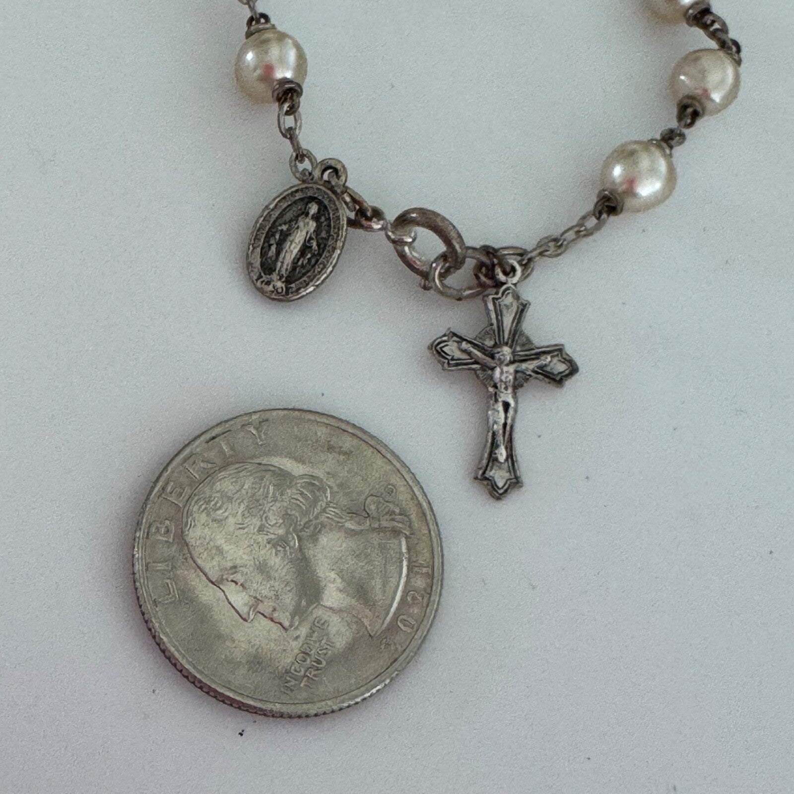 Vintage Silver Tone Rosary Bracelet Faux Pearl Italy