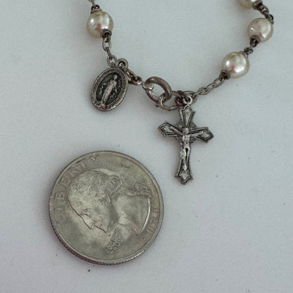 Vintage Silver Tone Rosary Bracelet Faux Pearl Italy