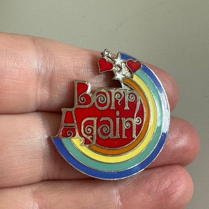 Vintage Born Again Rainbow Heart Star Enamel Lapel Pin 1970s 1980s
