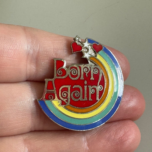 Vintage Born Again Rainbow Heart Star Enamel Lapel Pin 1970s 1980s
