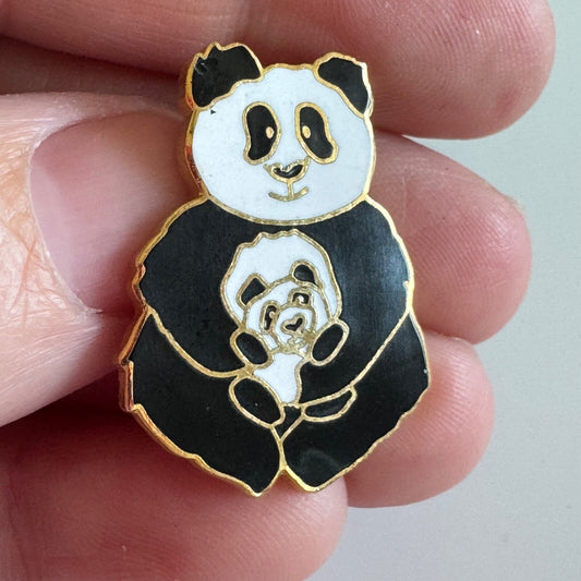 Vintage Panda Bear and Baby Enamel Lapel Pin Brooch
