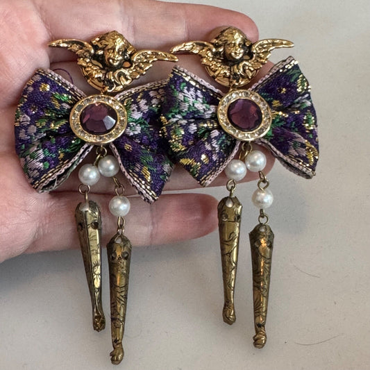 Vintage Fabric Bow Purple Clear Rhinestone Cherub Post Dangle Earrings 