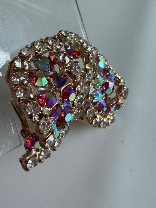 Aurora Borealis Rhinestone Clip-On Earrings Twist – Red Pink AB & Clear Marquise