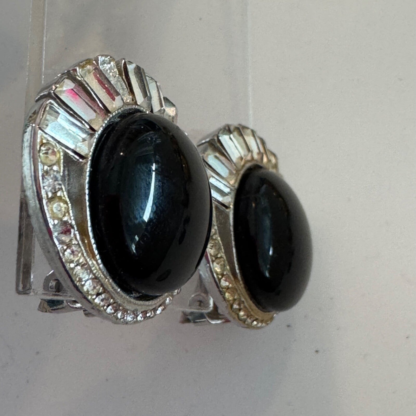 Vintage Bergere Silver Tone Clip On Earrings Black Cabochon AS IS
