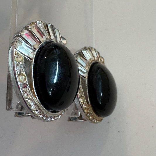 Vintage Bergere Silver Tone Clip On Earrings Black Cabochon AS IS