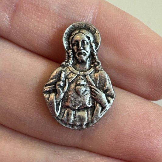 Vintage Sacred Heart of Jesus Silver Tone Catholic Pin