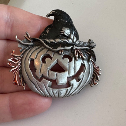 Vtg J.J. Jack-o-Lantern Brooch with Witches Hat Brooch Lapel Pin JJ Halloween