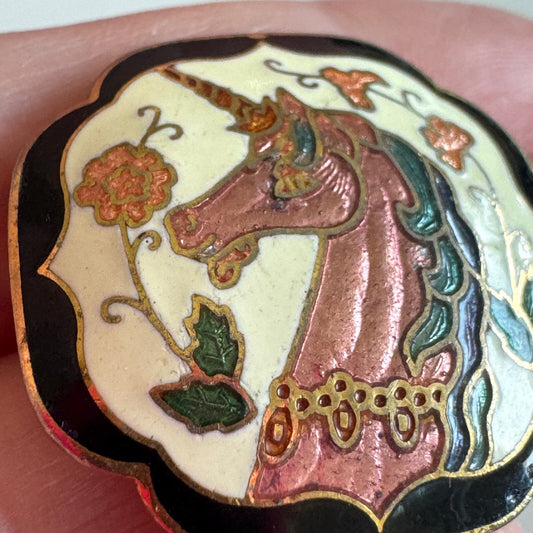 Vintage Cloisonne Pink Unicorn Brooch with Flowers Pin