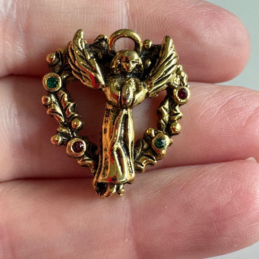 Vintage Gold Tone Christmas Angel Red Green Stones Lapel Pin