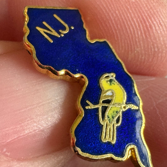Vintage New Jersey State Shape Pin with Bird Blue and Gold Enamel Souvenir Nice!