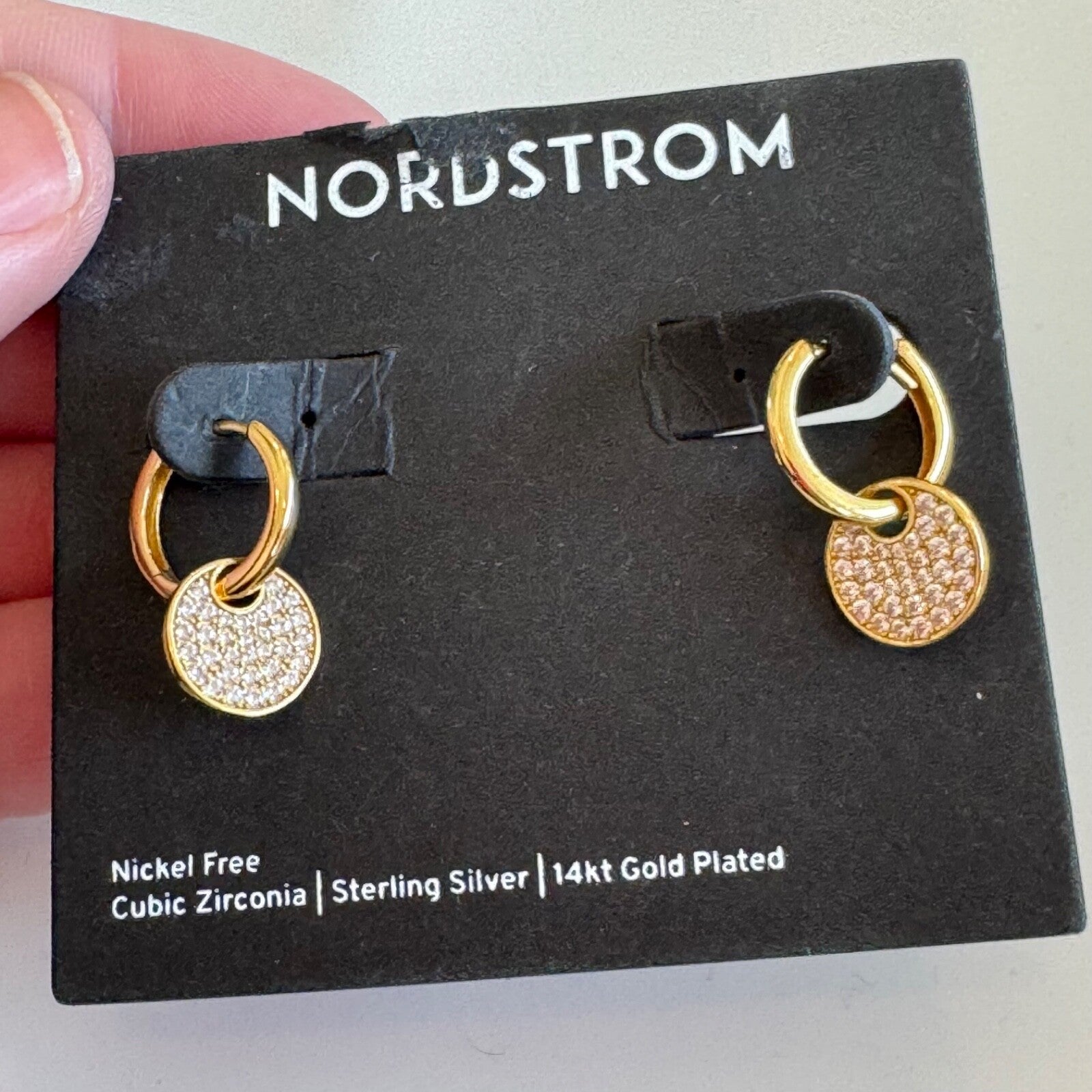 Nordstrom Gold Pavé Disc Drop Huggie Hoop Earrings New On Card Pierced