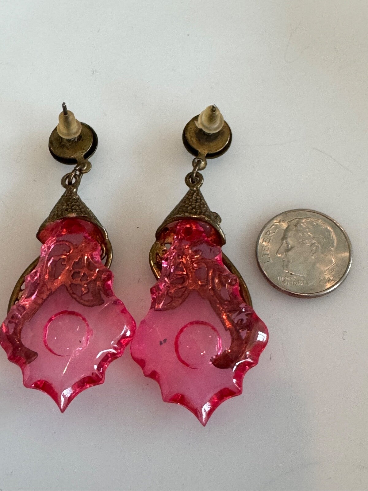 Vintage Pink Chandelier Crystal Look Earrings Aged Gold