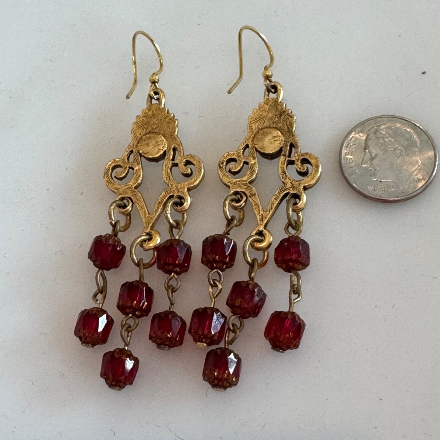 Art Nouveau Chandelier Earrings Red Crystal Earrings Antique Gold 