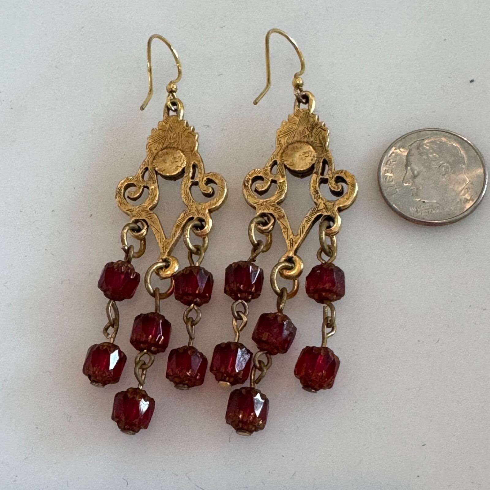 Art Nouveau Chandelier Earrings Red Crystal Earrings Antique Gold 