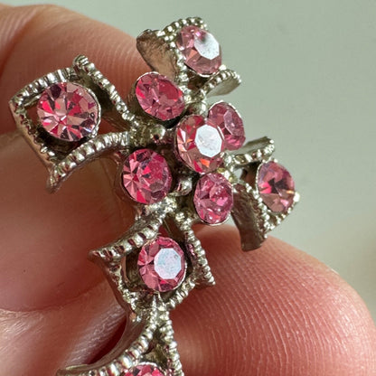 Vintage Silver Tone with Pink Crystal Cross Pin Brooch